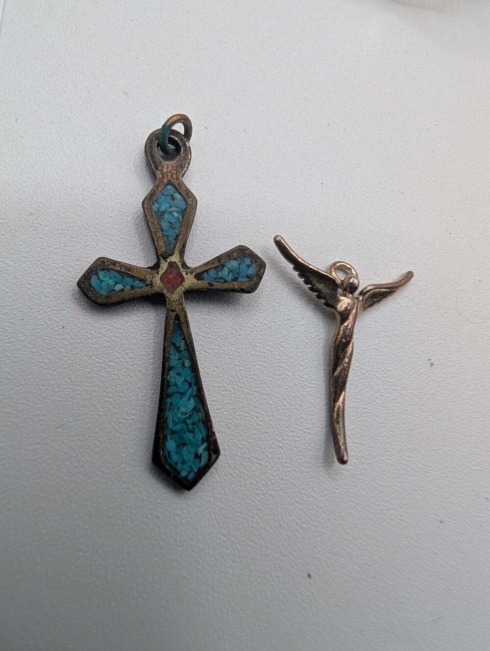 VTG Sterling Silver Angel Wing Pendant & Turquoise Inlay Cross Charm Lot